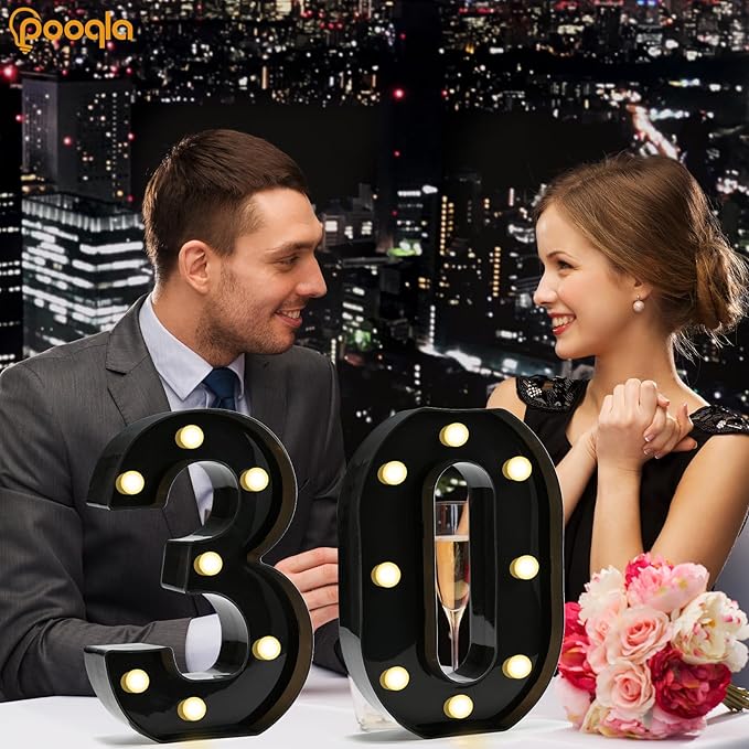 Pooqla Decorative Led Light Up Number Letters, Black Plastic Marquee Number Lights Sign for 30th Birthday Party Wedding Decor Battery Operated Black Decoration 30