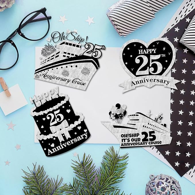 4 PCS Large 25th Anniversary Cruise Door Magnets Decorations Happy 25th Anniversary Cruise Ship Door Decor Magnetic Wedding Magnets Garage Refrigerator Car Magnets for Cabin Stateroom (Black Silver)