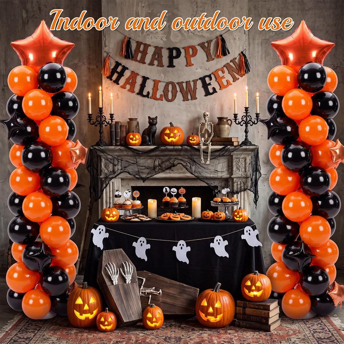 gejoy 110 pcs orange and black balloon arch showing dimensions
