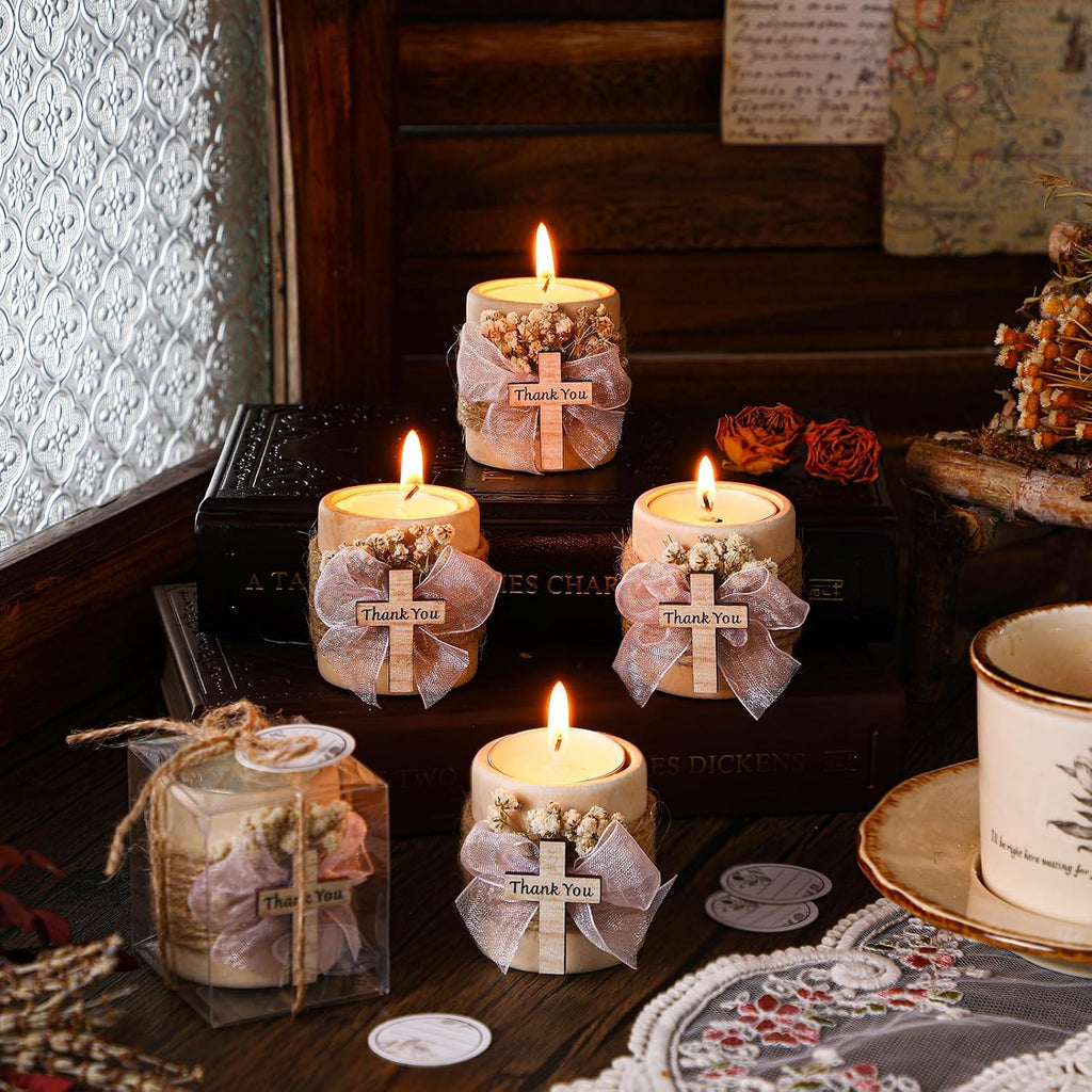 MTLEE 16 Pack Wooden Tealight Candle Holders Kit Guest Gifts for Wedding Baby Shower The First Communion Baptism Christening Housewarming Party Handmade Thank You Candle with Card Box Rope (Cute)