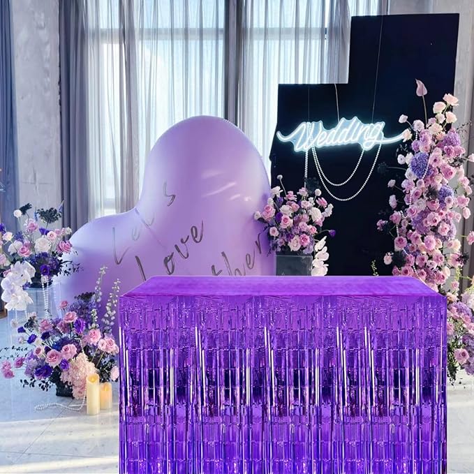 Purple Streamers Party Decorations, 2 Packs Purple Table Skirts Metallic Foil Fringe Tinsel for Birthday Graduation Mermaid Easter Wizard Float Parade Mardi Gras Halloween Party Supplies - 29x108 Inch