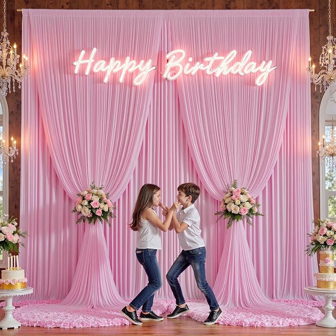 10×12ft Wrinkle Free Pink Backdrop Curtain for Wedding Parties, 2 Panels 5×12ft Long Soft Silky Polyester Backdrop Drapes Baby Pink Photo Back Drop Curtains for Party Photography Background Cloth