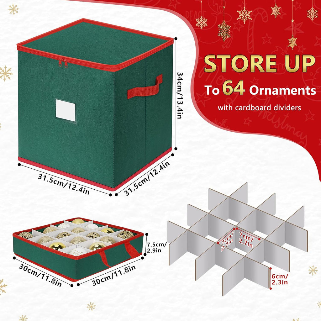 Christmas Ornament Storage Box Stores 64 Ornaments, with Adjustable Dividers, 4 Removable Trays, Dual Zippers, Non-Woven Christmas Ornament Organizer Holder, Christmas Ball Storage Container