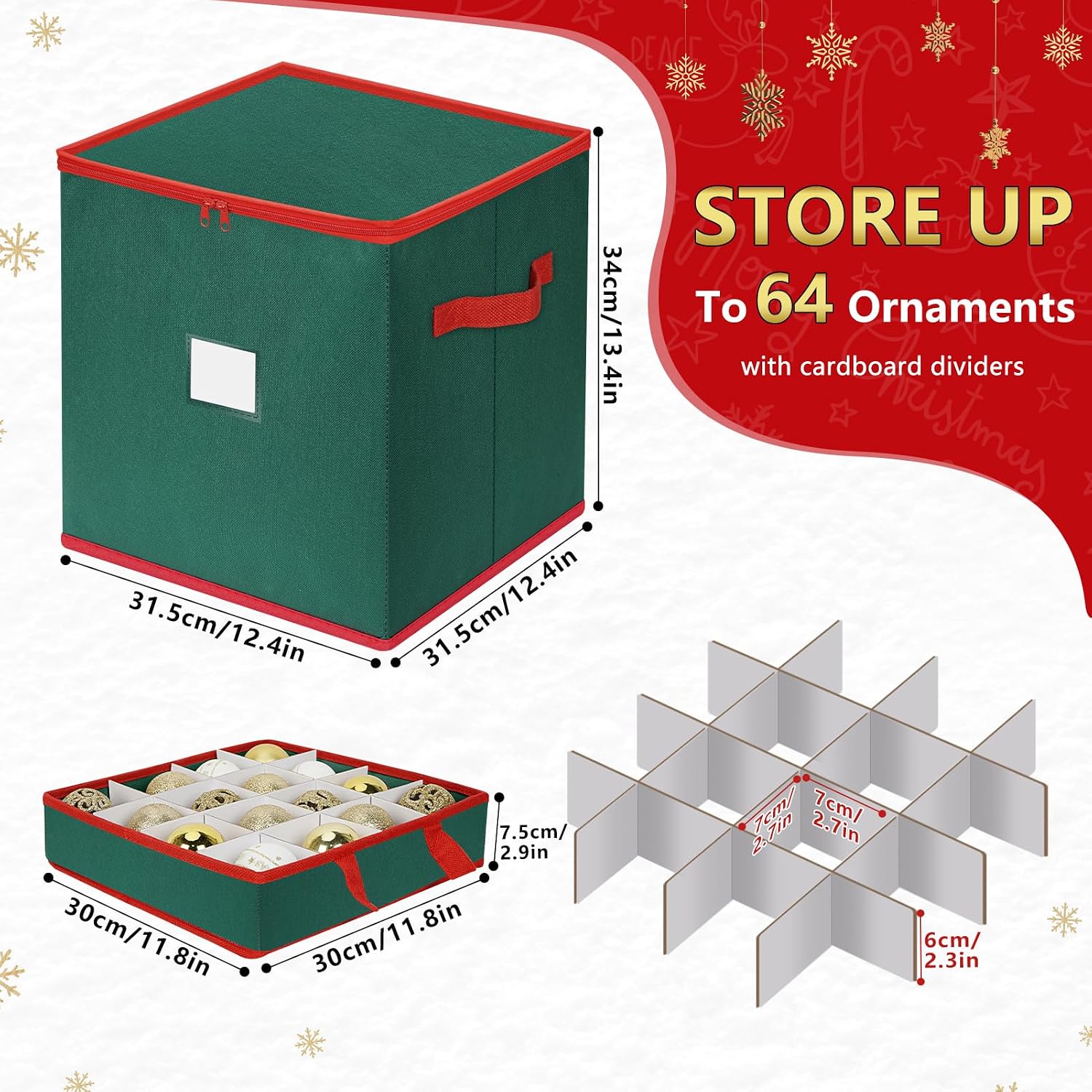 Christmas Ornament Storage Box Stores 64 Ornaments, with Adjustable Dividers, 4 Removable Trays, Dual Zippers, Non-Woven Christmas Ornament Organizer Holder, Christmas Ball Storage Container