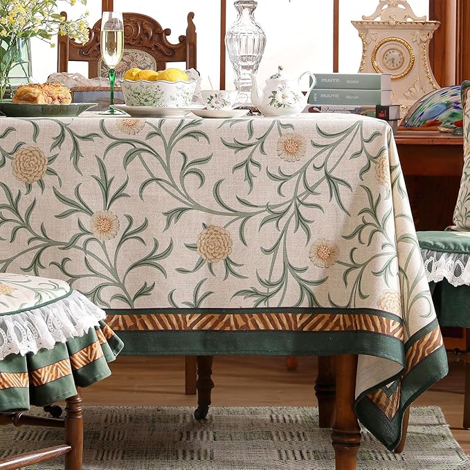 patdrea Designer French Linen Table Cloth for Rectangle Table,Vintage Fall Decorative Tablecloth,Floral Decoration Cover for Kitchen Dining Christmas,Tea Party,Thanksgiving,63"x94"-Littledaisy