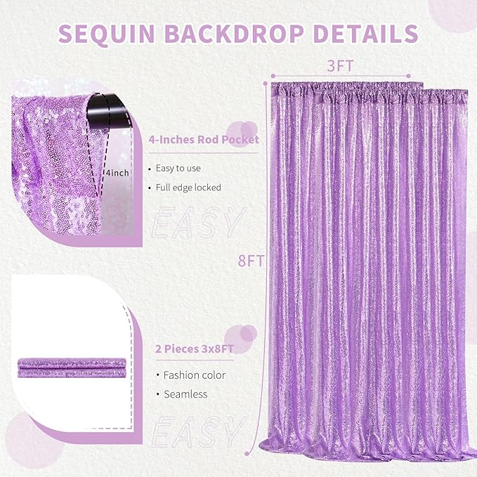 Sequin Backdrop Curtains Panels for Parties - Glitter Photo Backdrop Drapes 2 Panels 3x8FT Light Purple Curtain for Wedding Birthday Wall Decor