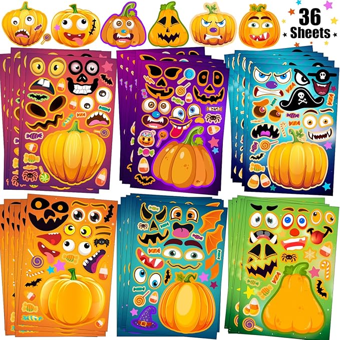 36 Sheets Halloween Stickers for Kids, Make A Pumpkin Face Stickers, Halloween Pumpkin Decorating for Kids Toddlers Party Favors Treats Party Games Goody Bag Filler