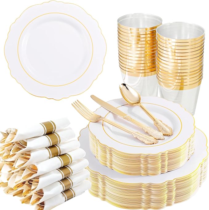Liacere 350PCS Gold Plastic Plates-Disposable White and Gold Plates 50guest Baroque Plastic Dinnerware include 100Plates, 50Pack Pre Rolled Napkins with Silverware 50Cups for Wedding&Thanksgiving