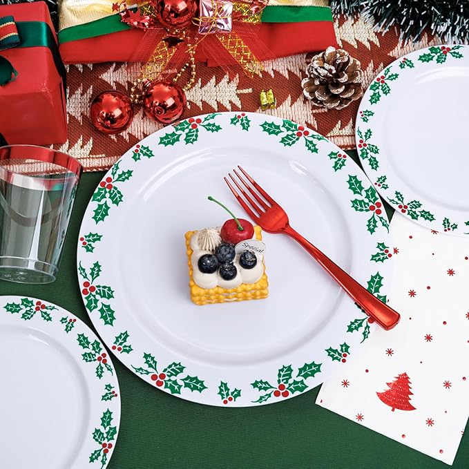 WDF 350pcs Christmas Plates and Napkins Set - Exquisite Holly Design - Christmas Dinnerware Set of 50 Plastic Plates 50 Red Silverware Set&Cups& Napkins