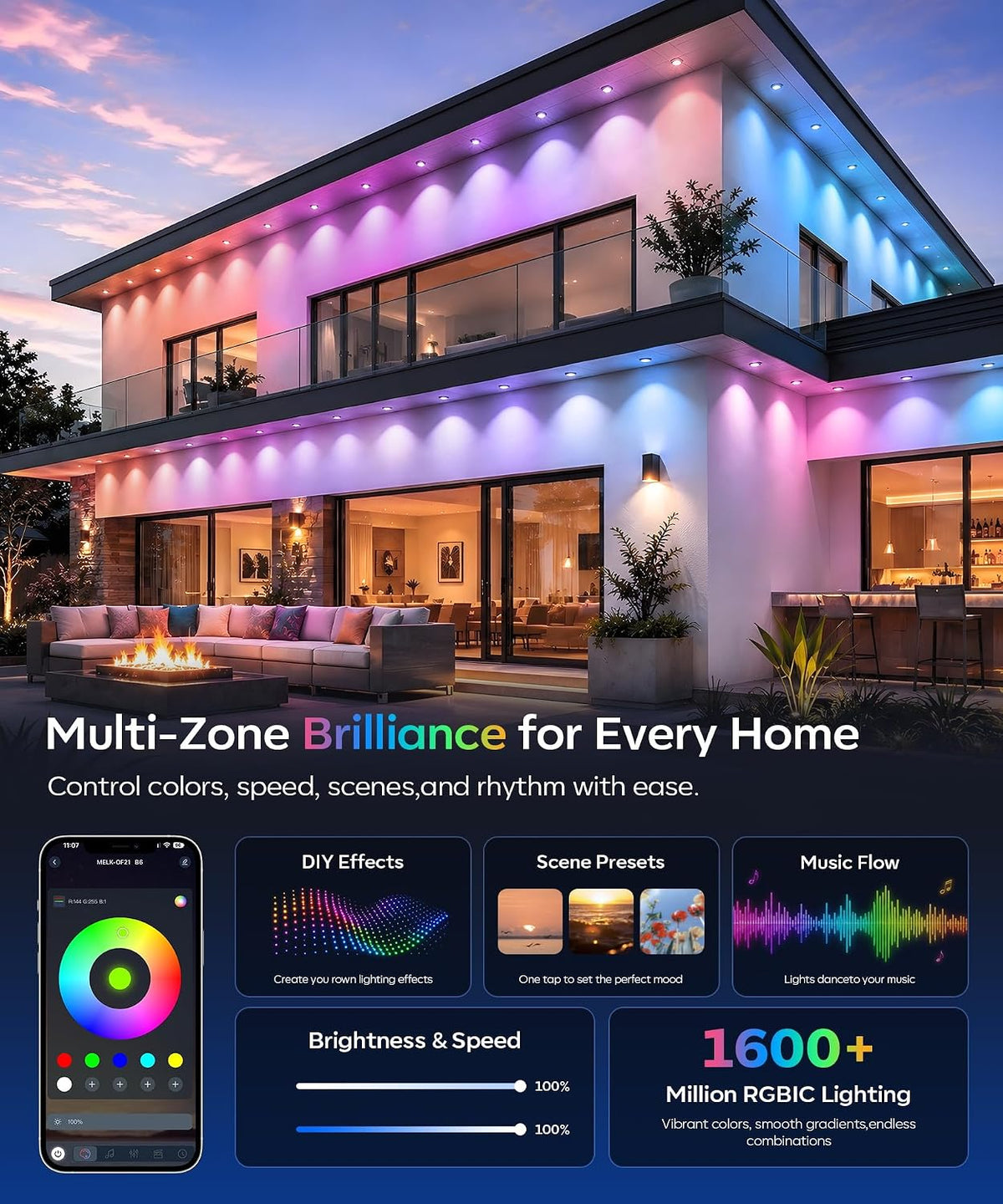 Permanent Outdoor Lights for House, 200ft RGB+IC Christmas LED Light