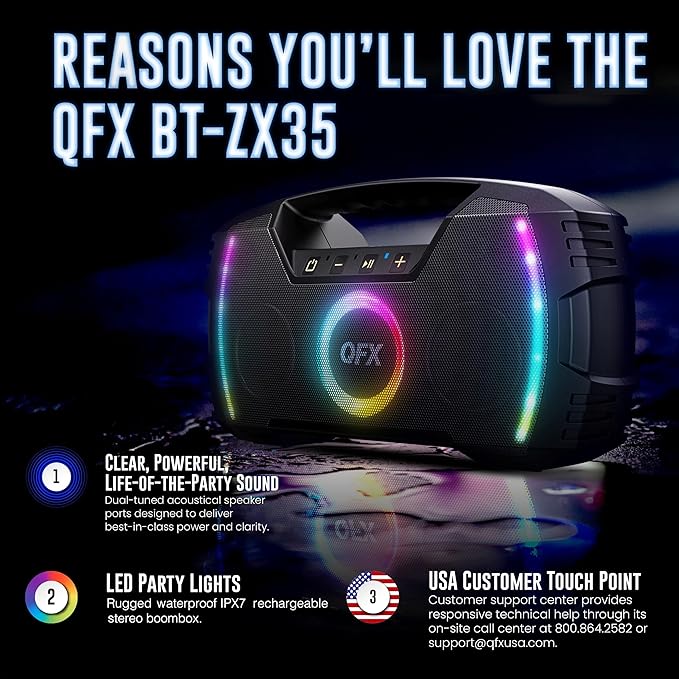 Powerful & Portable Waterproof All Terrain Bluetooth Speaker with Deep Bass, LED Party Lights, Fast USB-C Charging, FM Radio, AUX – QFX BT-ZX35