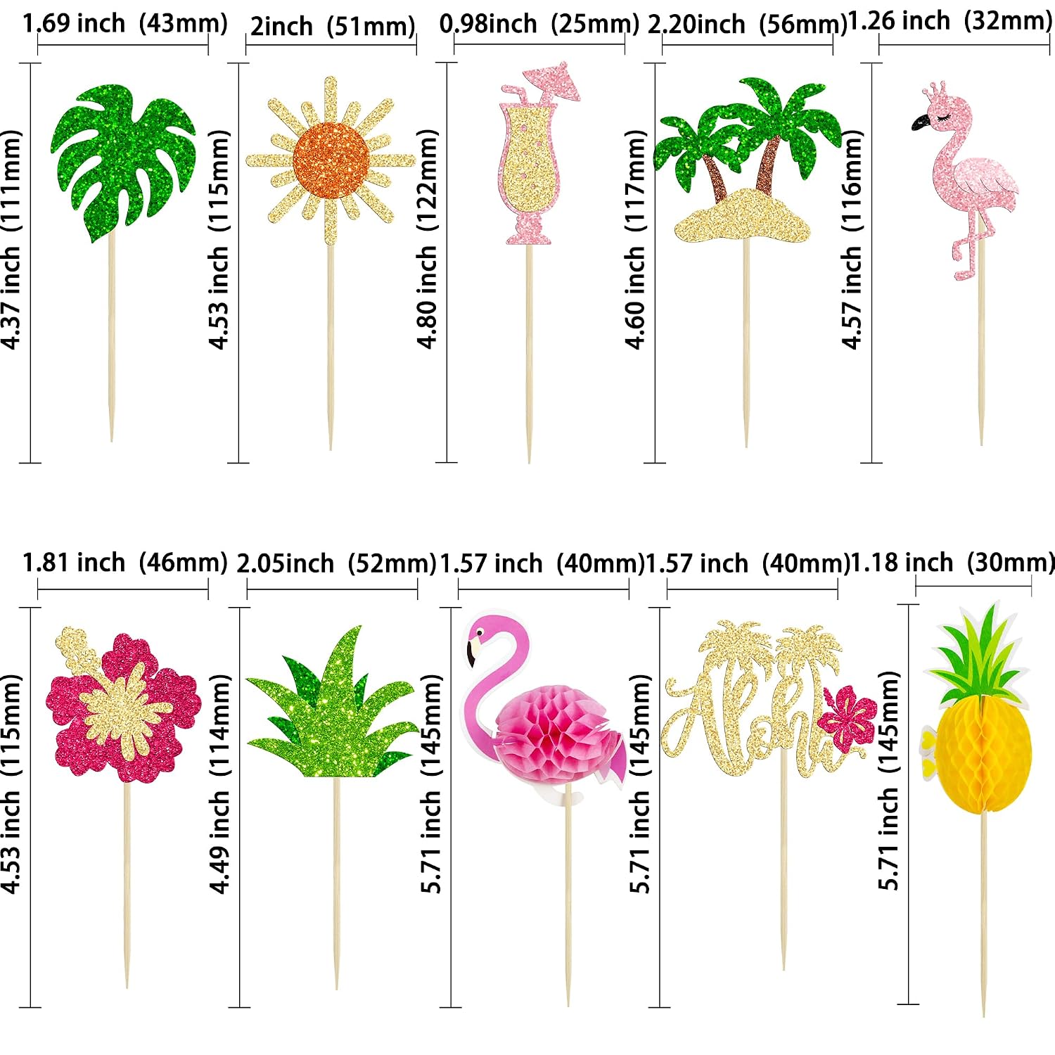 Gyufise 32Pcs Tropical Cupcake Toppers Glitter Luau Cake Topper Aloha Cupcake Picks Pineapple Flamingo Cupcake Decorations for Hawaiian Theme Baby Shower Birthday Party Supplies Pink Yellow Green