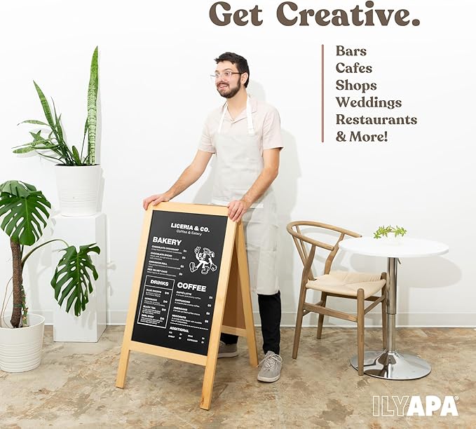 Ilyapa Wooden A-Frame Sign with Eraser & Chalk - 40 x 20 Inches Magnetic Sidewalk Chalkboard – DIY Menu Display for Restaurant, Business Or Wedding