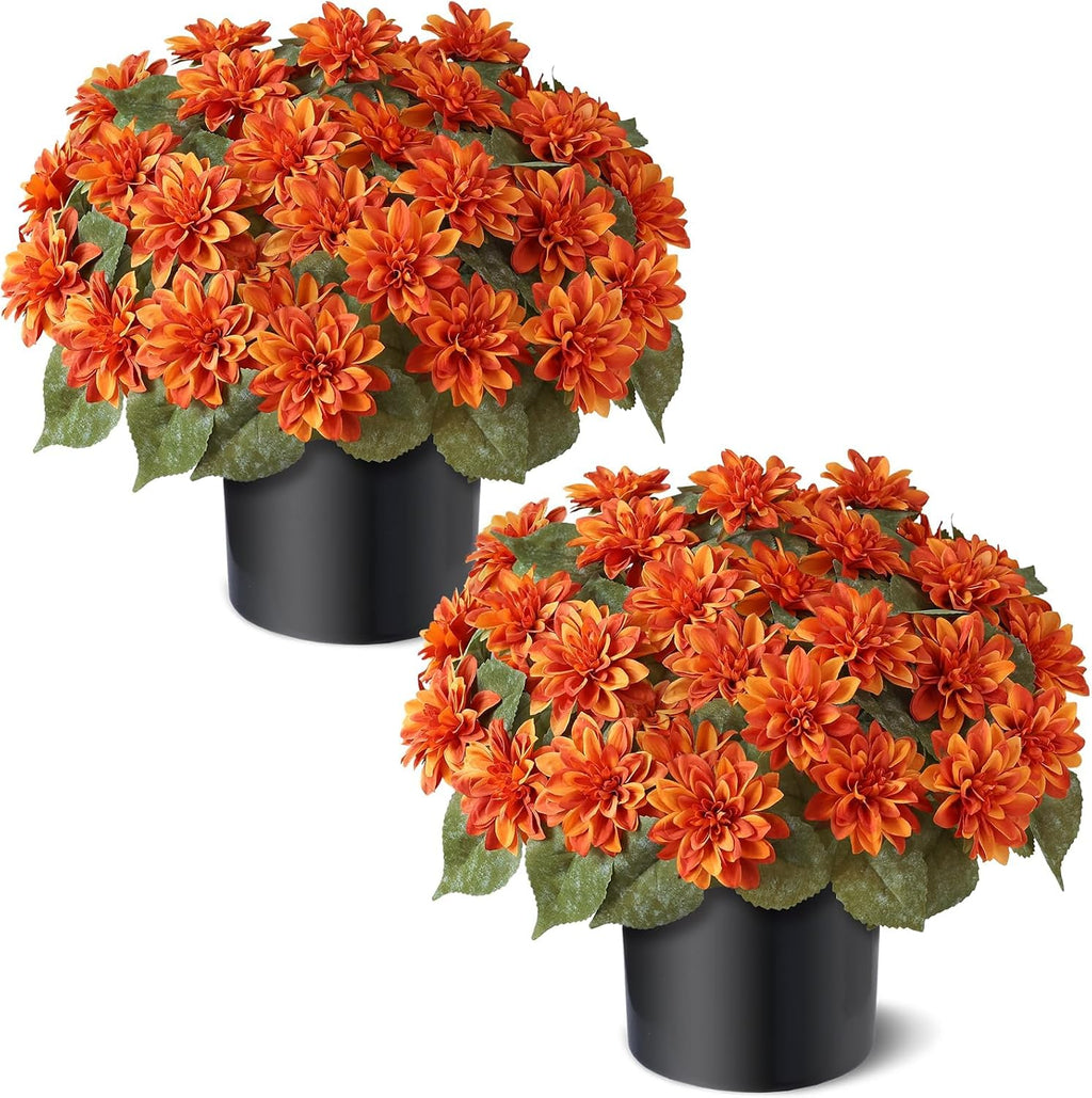 VIERENA 2 Set of Fall Artificial Dahlia Topiary Ball Trees - Fake Silk Dahlia Flower Bushes, UV Resistant Faux Floral Shrub Potted for Front Door Porch Farmhouse Outdoor Autumn Decor (Orange)