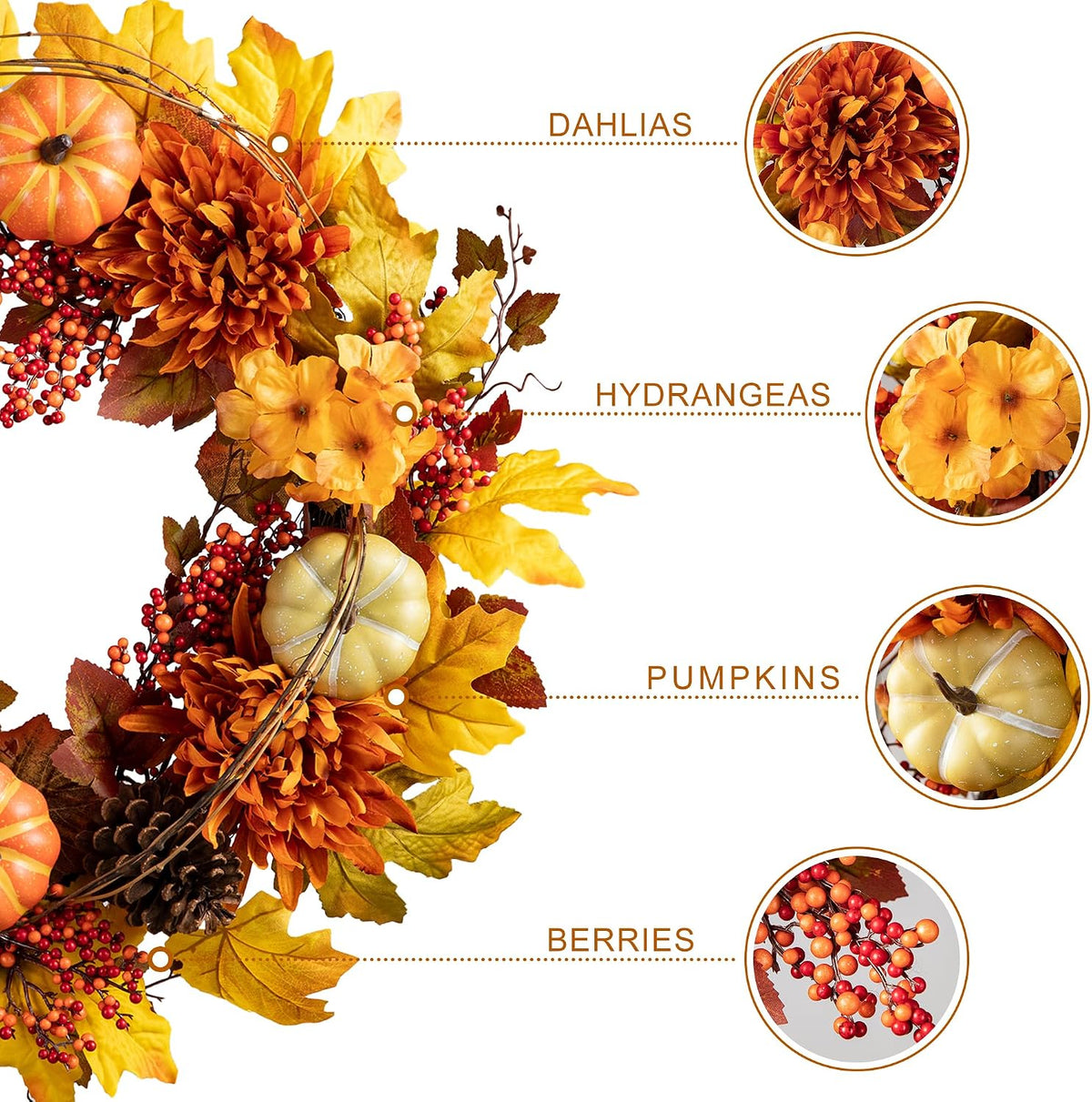 glitzhome 24 inch artificial fall wreath decor, autumn showing dimensions