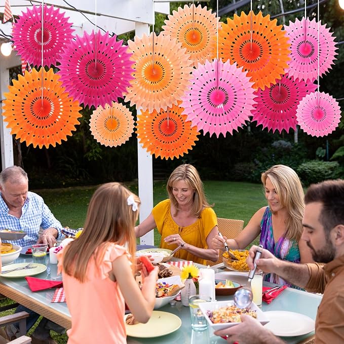 Outus 12 Pcs Hanging Honeycomb Paper Fans Sets, Fiesta Pink and Orange Party Decorations, Tissue Paper Flowers Supplies for Birthday Wall Classroom Wedding Bridal Photo Backdrop (14/10/6 Inch)