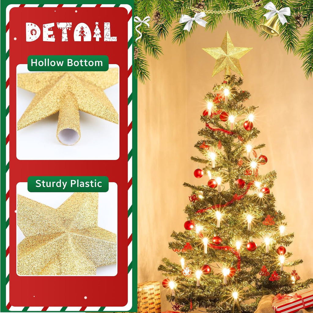Glitter Christmas Star Tree Topper for Holiday Decorations, Christmas Tree Decoration for Holiday Ornament and Home Decor, Shatterproof Tree Toppers for Party Indoor ＆ Outdoor-Gold 8 inch