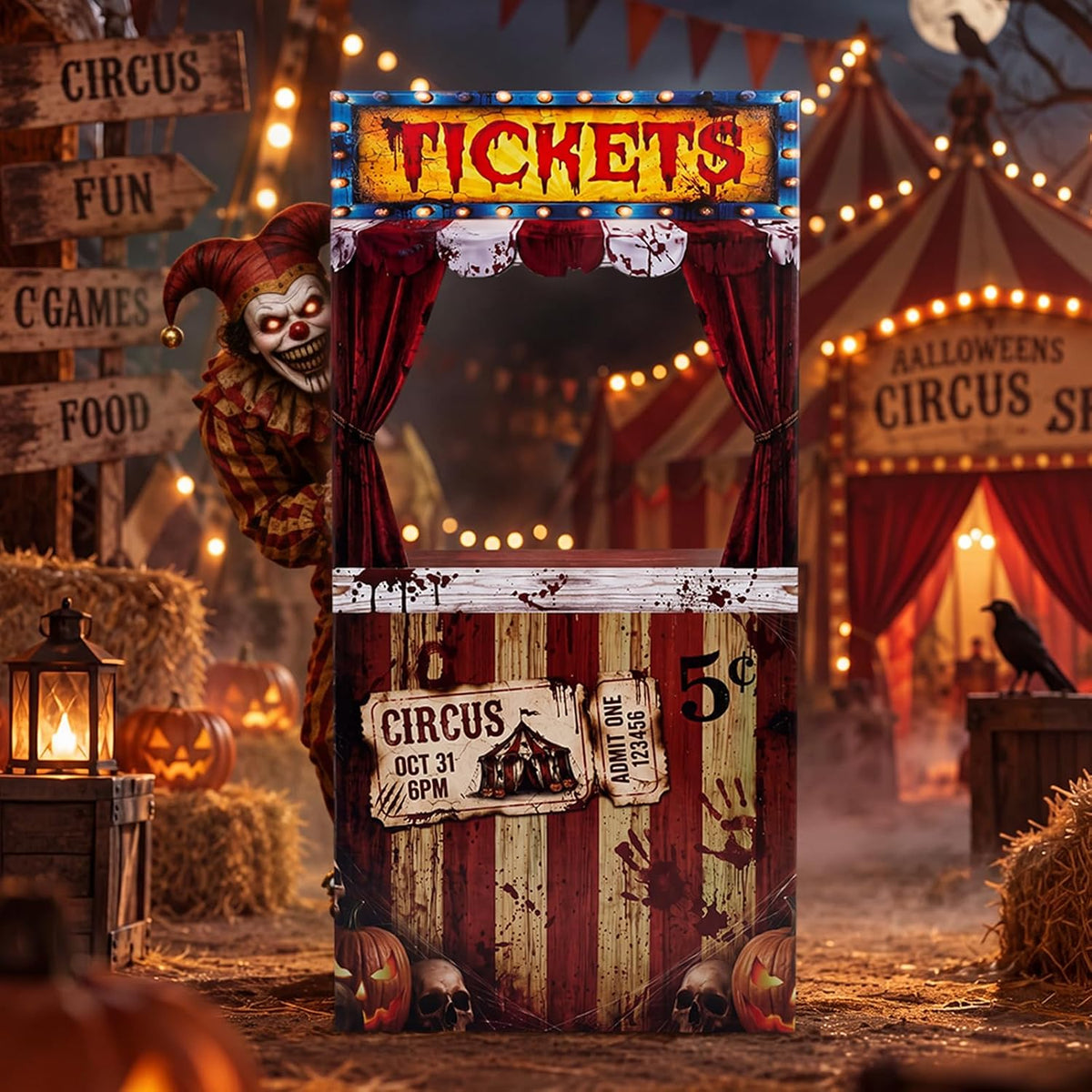 Circus Halloween Decorations Creepy Clown Carnival Ticket Booth Photo Prop