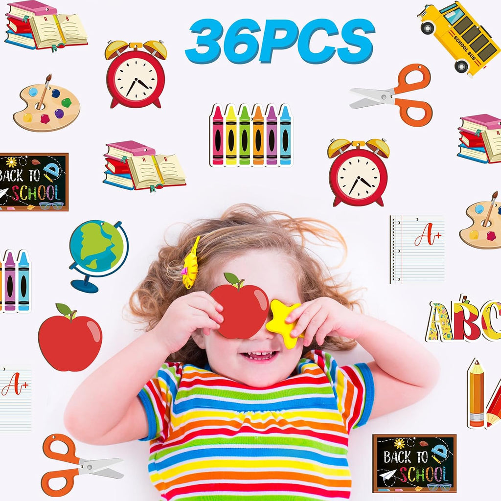 36 Pcs Back to School Ornaments for Tree Wooden Back to School Tree Decorations First Day of Schools Hanging Ornament Teacher Book Pencil Wood Pendant Cutouts for Classroom Window Party Decor