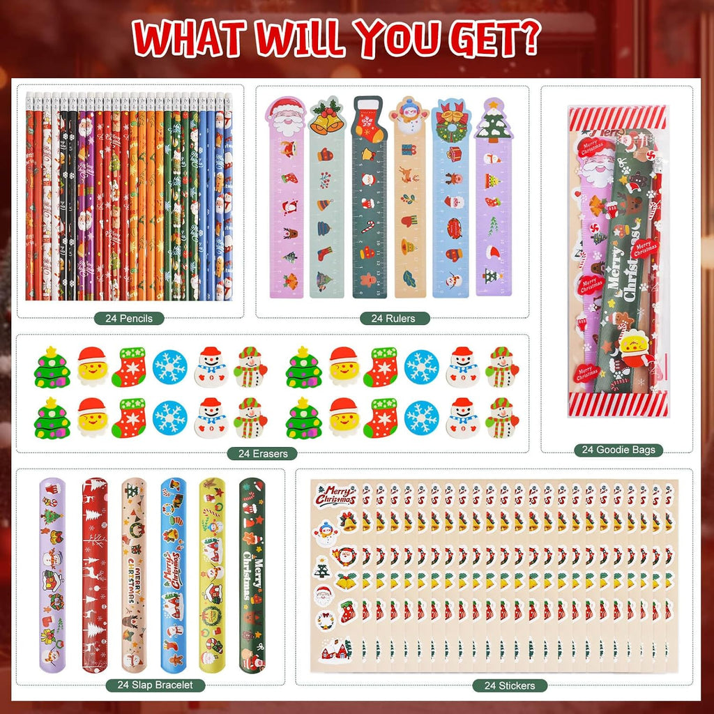 Christmas Party Favors 24 Pack Stationery Set Bulk Goodie Bag Suffers Class Gifts Classroom School Holiday Treat for Students Stockings Pencils Rulers Erasers Stickers slap bracelets