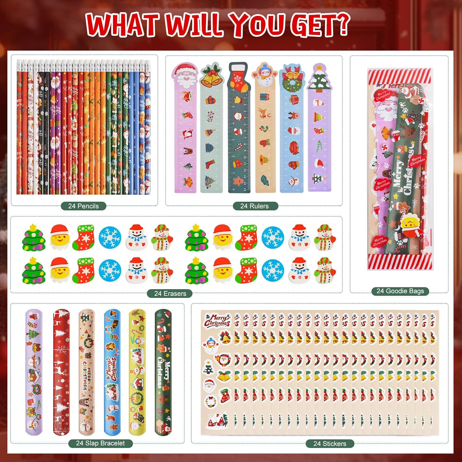 Christmas Party Favors 24 Pack Stationery Set Bulk Goodie Bag Suffers Class Gifts Classroom School Holiday Treat for Students Stockings Pencils Rulers Erasers Stickers slap bracelets
