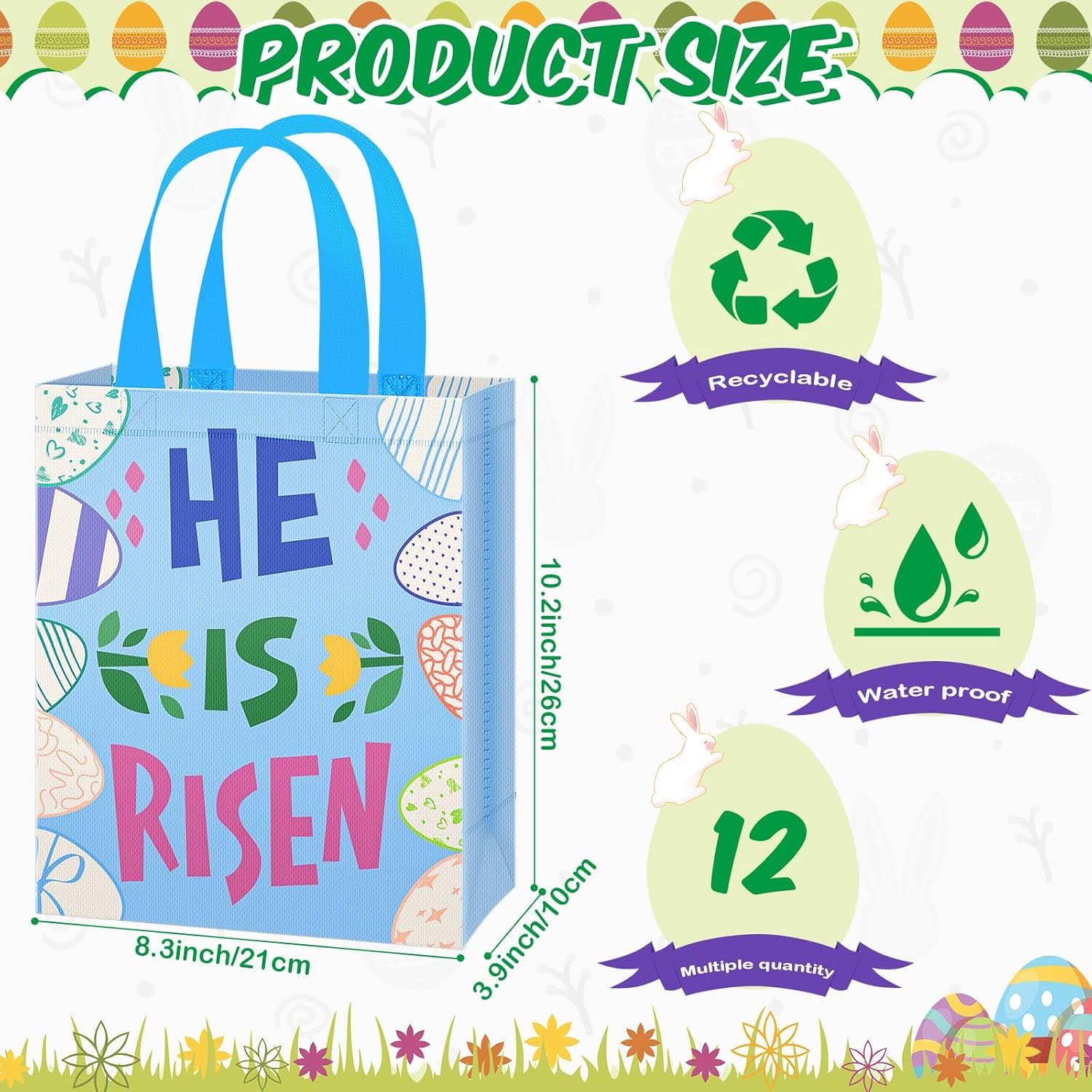 Clysee 12 Pcs Easter Gift Bags 10.2" x 8.3" Non Woven Easter Tote Bags with Handle Large Easter Bulk Treat Bags for Easter Holiday