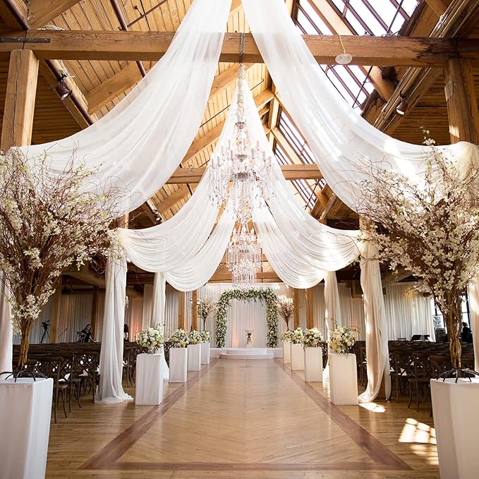 Wedding Arch Draping Fabric, 63" x 26Ft White Drapes for Wedding Tulle Fabric Drapery Sheer Backdrop for Ceremony Arch Stage Party Ceiling Décor