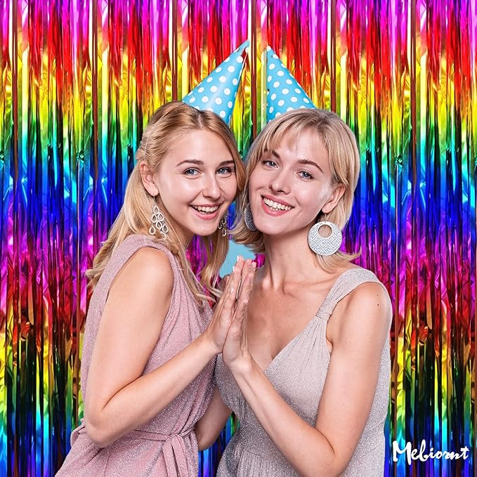 4 Pack Rainbow Fringe Curtain Backdrop, 3.2Ft x 6.6Ft Colorful Metallic Tinsel Foil Fringe Streamers for Photo Booth Birthday Wedding Baby Shower Carnival Easter Mother’s Day Party Decorations