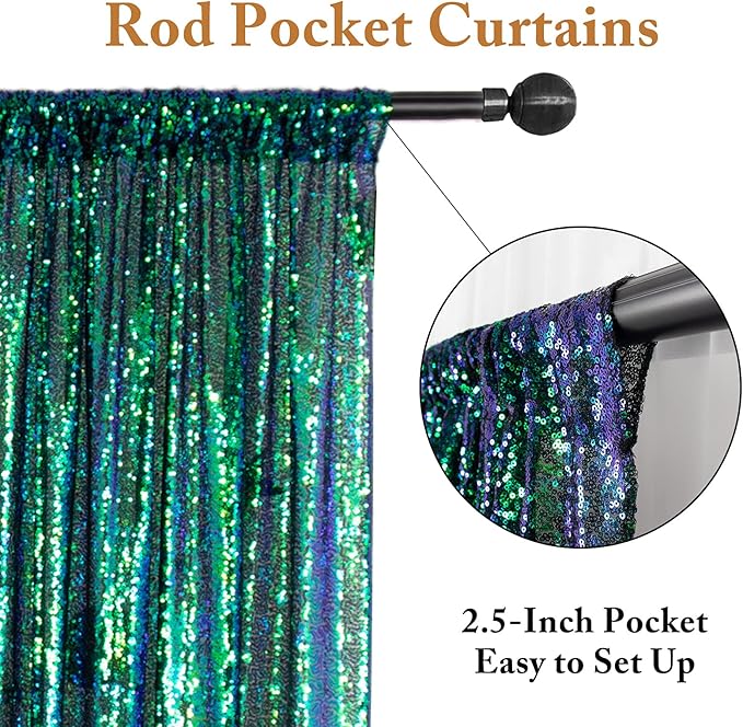 ShiDianYi Iridescent Green Sequin Backdrops for Photograph Backdrop 4FTx10FT 2 Panels Birthday Background Glitter Curtains Green Blue Curtain Sequin Fabric Christamas Decor