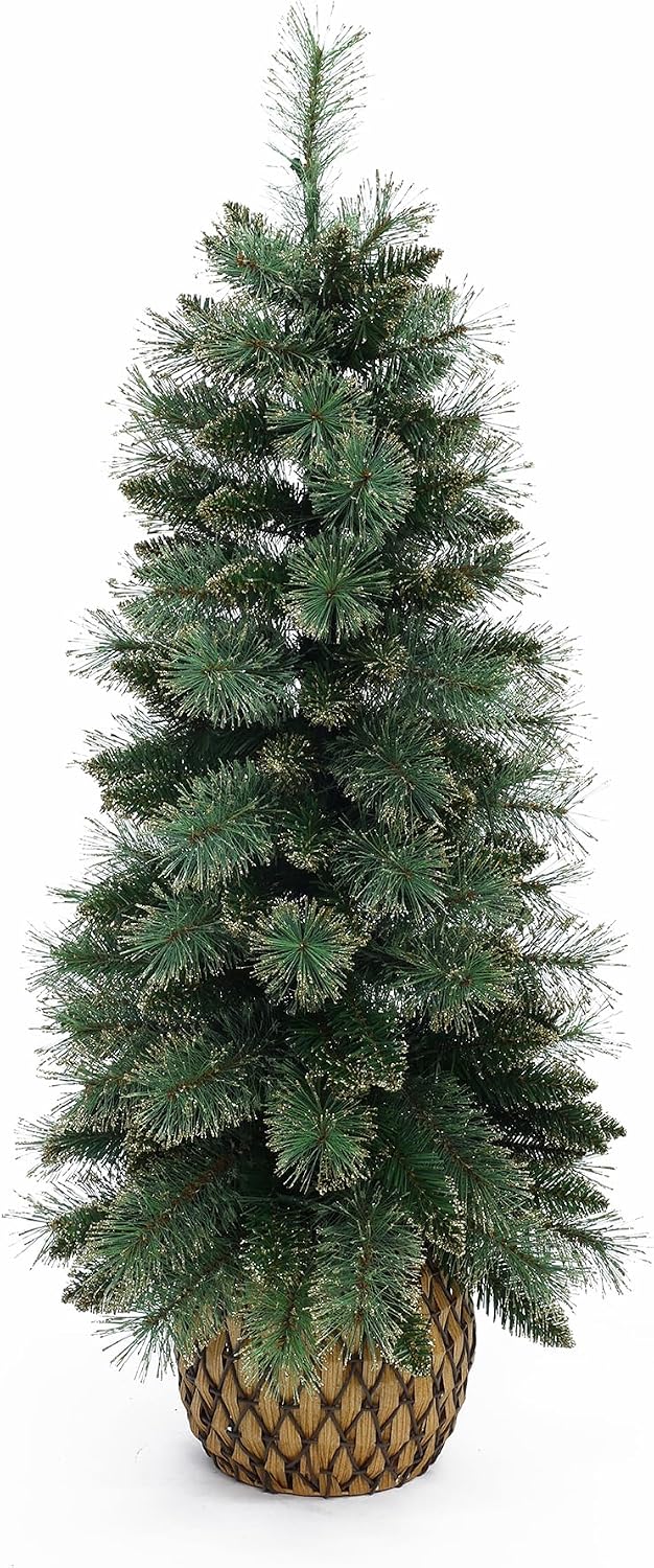 luxenhome 4ft small christmas tree, prelit slim potted, front angle view