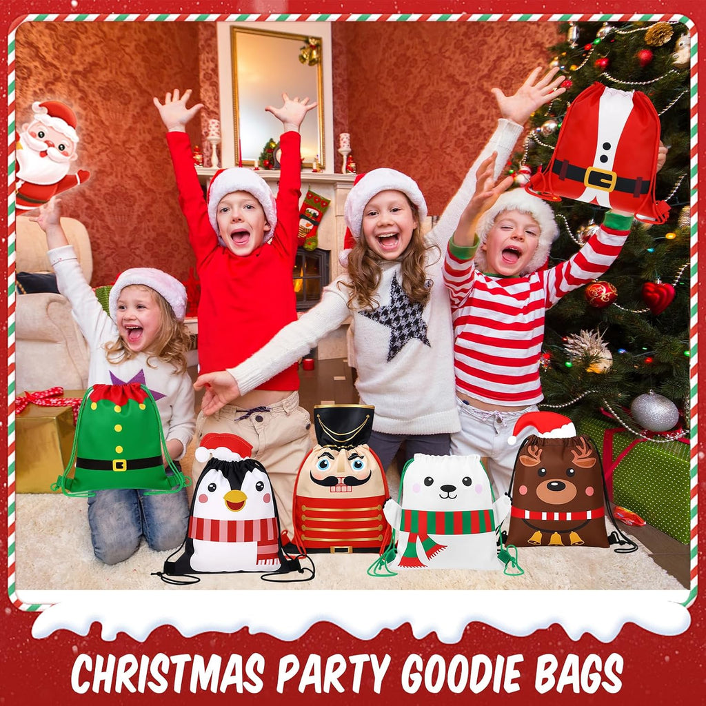 Hillban 16 Pcs Animal Drawstring Bags for Kids Party Favors Drawstring Backpack with Ear for Safari Birthday (Christmas Style)