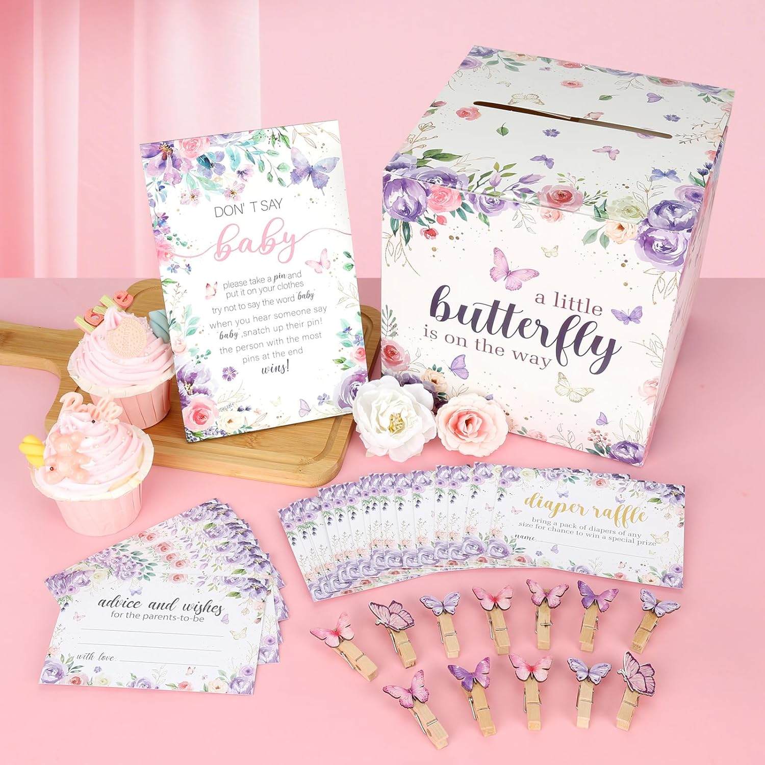 102 Pcs Butterfly Baby Shower Game Supplies Include 50 Diaper Raffle Tickets,1 Diaper Raffle Card Box,1 Don't Say Baby Sign and 50 Mini Butterfly Clothespins for Girls Gender Reveal Party Favors