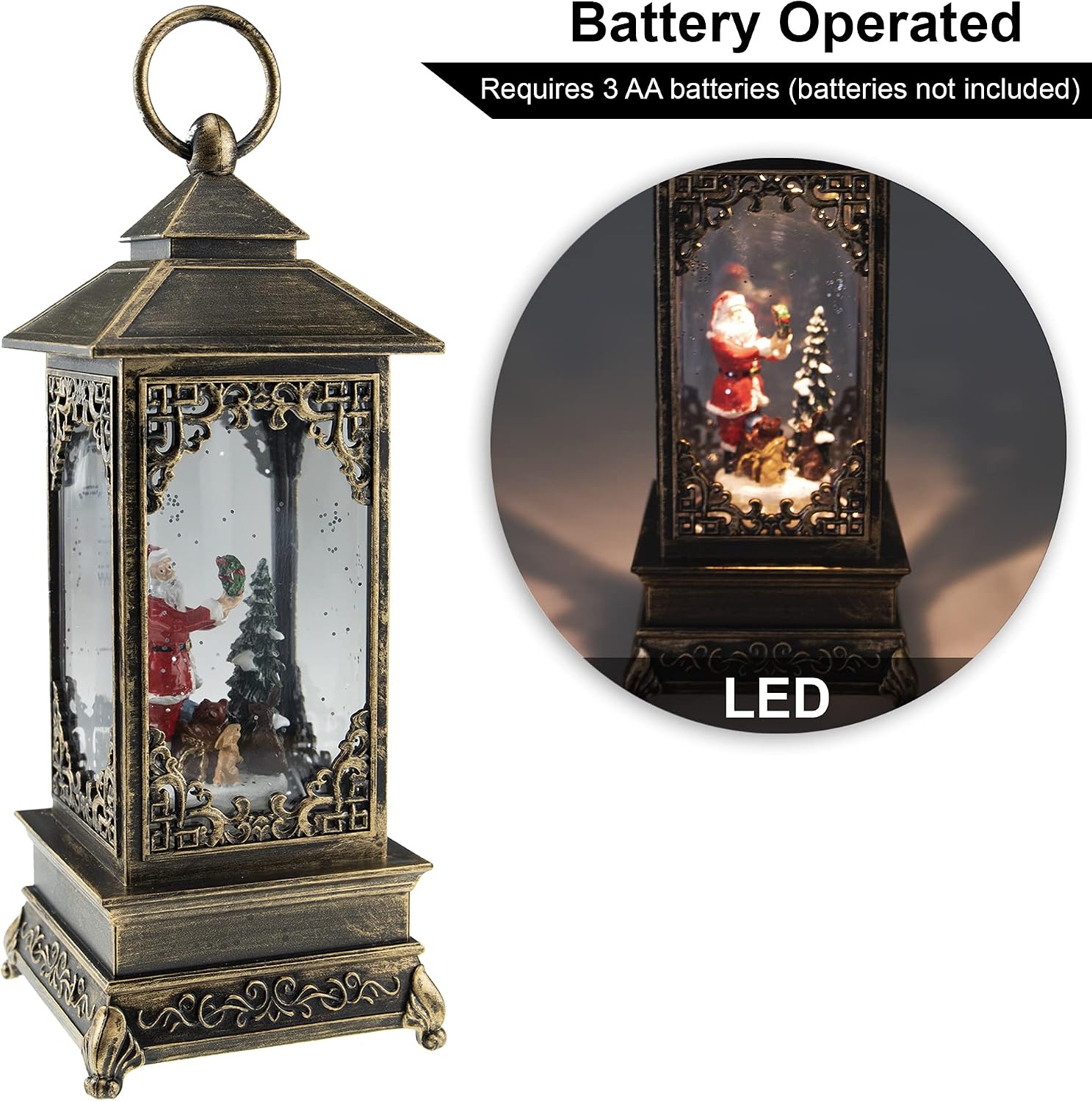 Clever Creations Musical Christmas Snow Globe Lantern, Lighted LED Swirling Glitter Water Lantern Home Decoration, Battery Operated, Santa