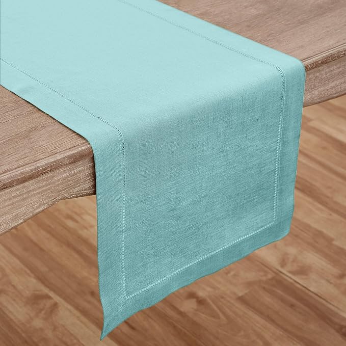 Solino Home Linen Aqua Blue Table Runner 132 Inches Long - 100% Pure Linen Extra Long Table Runner 14 x 132 Inch for Christmas, Holiday - Classic Hemstitch