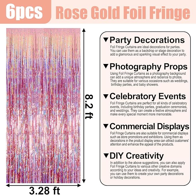 6 Pack Rose Gold Foil Fringe Curtain Backdrop, 3.28Ft x 8.2Ft Metallic Tinsel Foil Fringe Streamer Curtains for Photo Booth, Birthday, Wedding, New Year Party Decorations