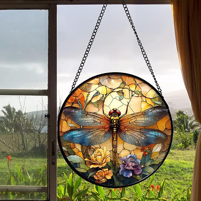 Stained Glass Window Hanging - Orange Blue Dragonfly Flower Suncatcher for Doors Window Home Sun Catchers Decor Christmas Mother's Day Birthday Outdoor Gifts for Women Men Mom Nana 7.8 in