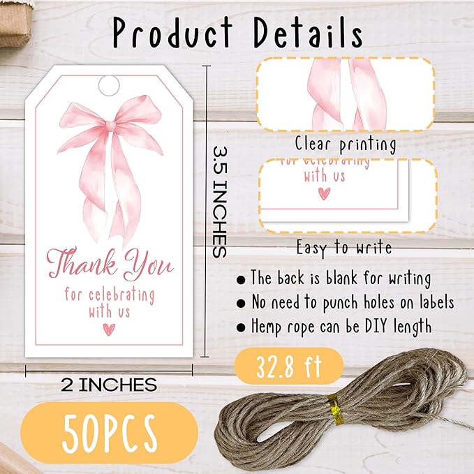 Thank You Label with String, 2x3.5 Inch Pink Bow Gift Tags, Thank You for Celebrating with Us Tag, Paper Personalized Design Gift Label for Wrapping Party Favor-A11