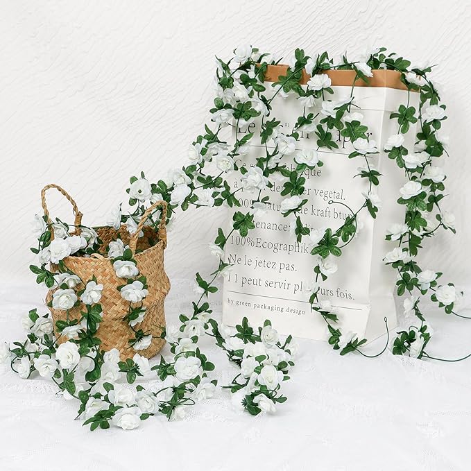 KHOYIME 9 Pack 72 FT Artificial Flower Garland, Fake White Roses Vines Silk Flowers Faux Plastic Outdoor Hanging Floral Ivy Garland Decoration for Wedding Arch Bedroom Home Wall Backdrop Room Decor