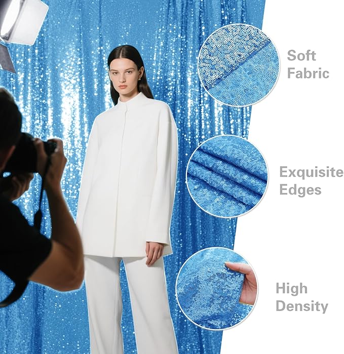 Blue Sequin Backdrop Curtain 2 Pieces 2FTx8FT Glitter Photography Backdrop for Party Wedding Birthday Christmas Decorations