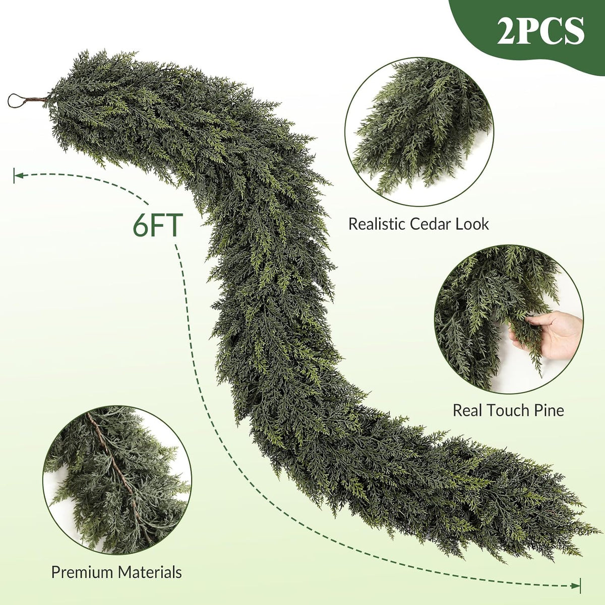 6ft christmas cedar garland, real touch soft greenery, close-up detail