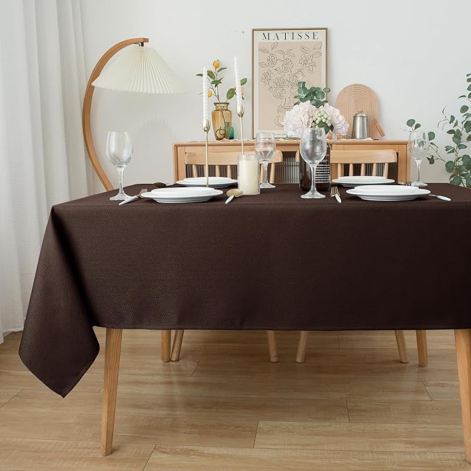 Biscaynebay Textured Fabric Tablecloths 90x156 Inches Rectangular, Brown Water Resistant Tablecloths for Dining, Kitchen, Wedding and Parties etc. Machine Washable