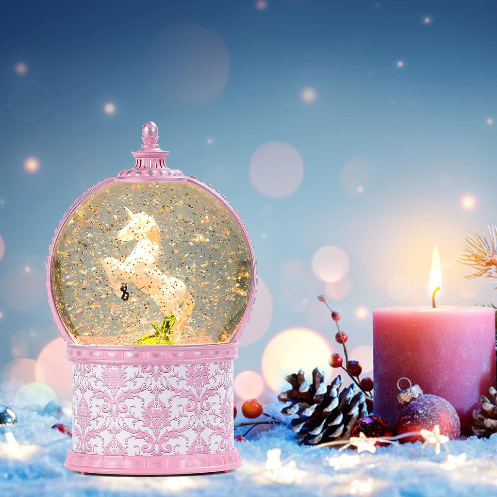 Unicorn Musical Snow Globe, 7.1 Inch Lighted Christmas Snow Globes with Swirling Glitter, Battery Operated & USB Powered Music Box Valentines Day Gifts for Girls, Women