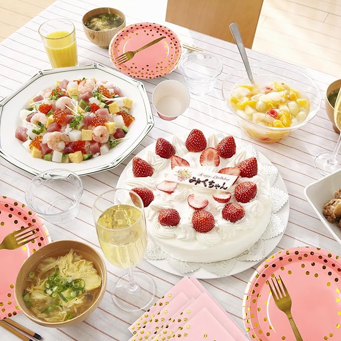 Sveikie160 Pcs Pink And Gold Paper Plates, Birthday Cake Party Plates And Napkins, Wedding Disposable Utensils For Birthday Graduation Wedding And Holiday Celebrations Serves 40 (Pink)