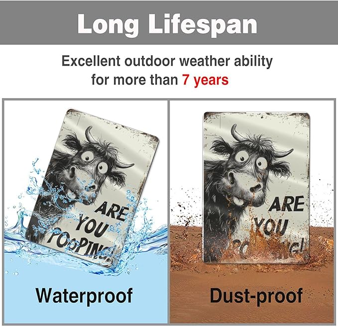 Funny Highland Cow "Are You Pooping!" Tin Sign - 8x12 Inch Vintage Metal Wall Décor, Humorous Bathroom & Farmhouse Rustic Wall Art for Indoor & Outdoor