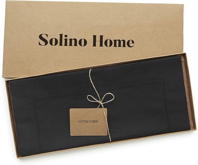Solino Home Black Table Runner 90 Inches Long - Cotton Linen Hemstitch 14 x 90 Inch Table Runner for Dining, Fall, Autumn, Halloween, Thanksgiving, Holiday
