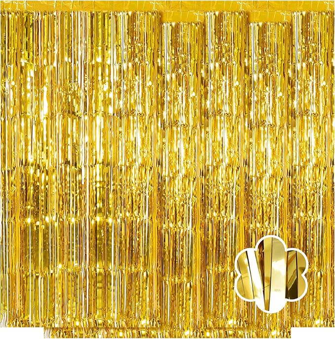 5 Pack Gold Foil Curtain Backdrop 3.2ft x 9.8ft Metallic Tinsel Foil Fringe Curtains Streamer Photo Booth Backdrop for Birthday Party Engagement Bachelorette Party Decorations (Gold)