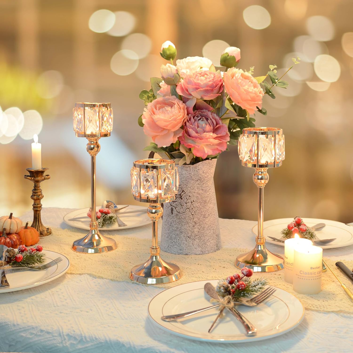 Set of 12 Gold Cup Crystal Tealight Candle Holders, Centerpieces for Table Wedding Centerpieces Crystal Decorative Tealight Candle Dining Table Candle Holder Decor for Party (3 Sizes)