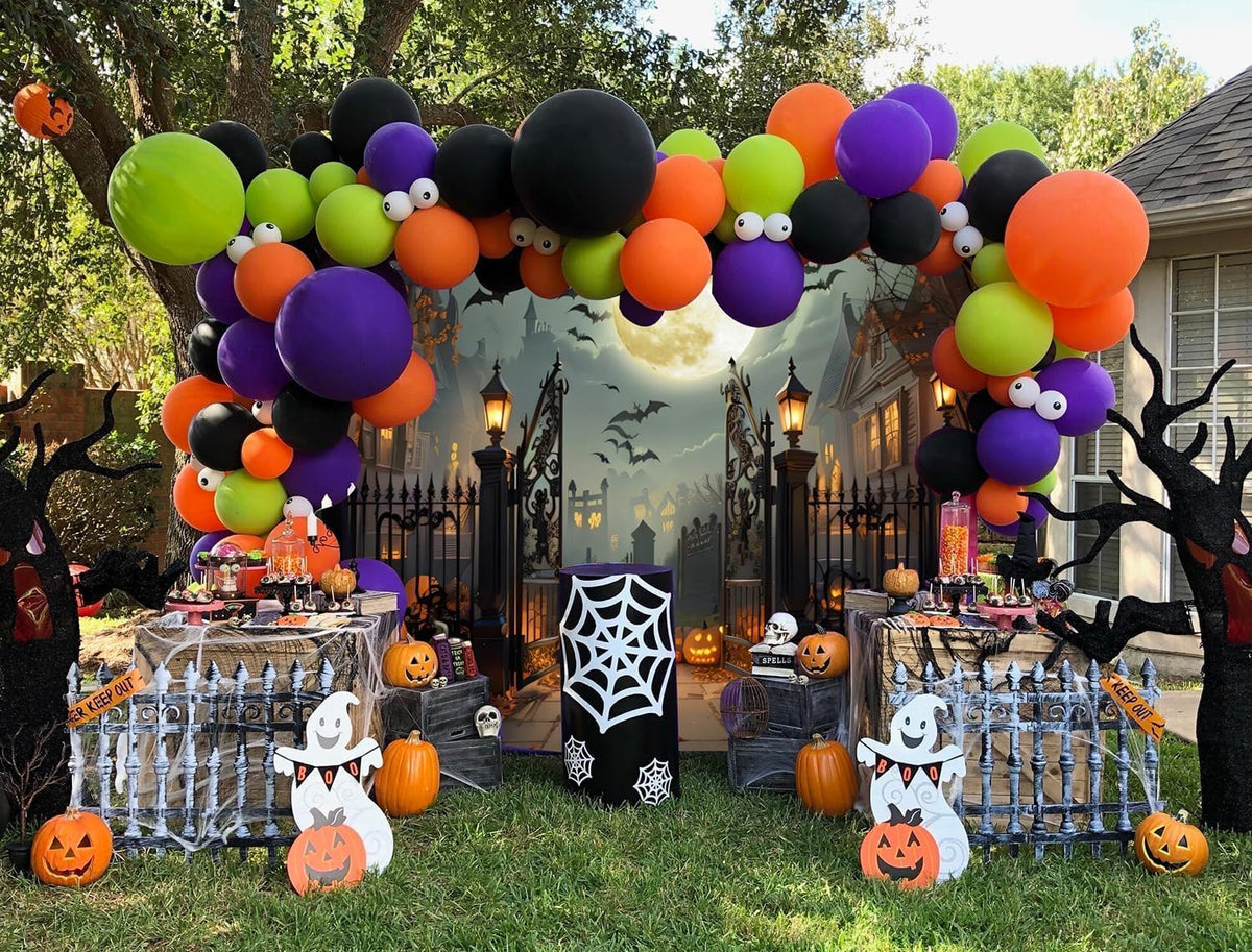 12x8ft Halloween Backdrop Scary Full Moon Night Pumpkin Ghost Castle Hallowee...