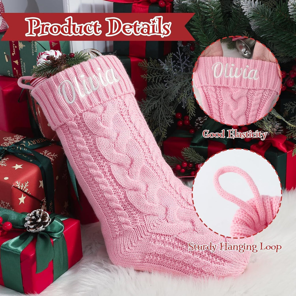 Personalized Christmas Stockings with Christmas Cards,Custom Embroidered Name Monogram Christmas Stocking for Baby Kids Girl Family,18" Large Pink Knit Xmas Stockings for Fireplace Decor