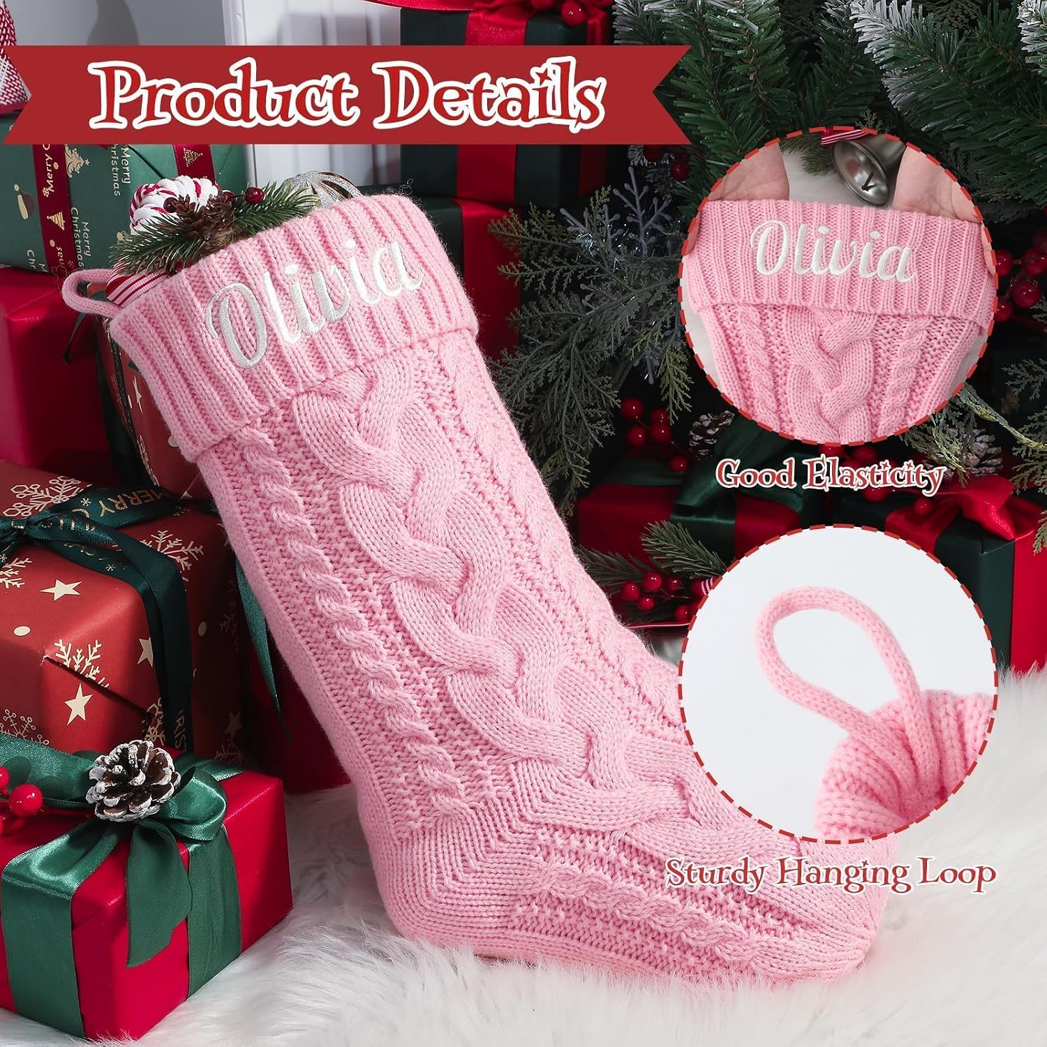 Personalized Christmas Stockings with Christmas Cards,Custom Embroidered Name Monogram Christmas Stocking for Baby Kids Girl Family,18" Large Pink Knit Xmas Stockings for Fireplace Decor